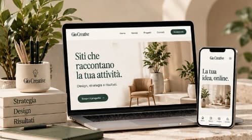 MacBook con sito che racconta la tua attività e smartphone Gio Creative
