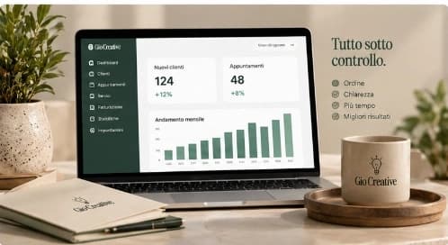 Laptop con dashboard gestionale Tutto sotto controllo e tazza in ceramica