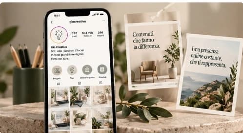 Smartphone con profilo Instagram @giocreative e card editoriali