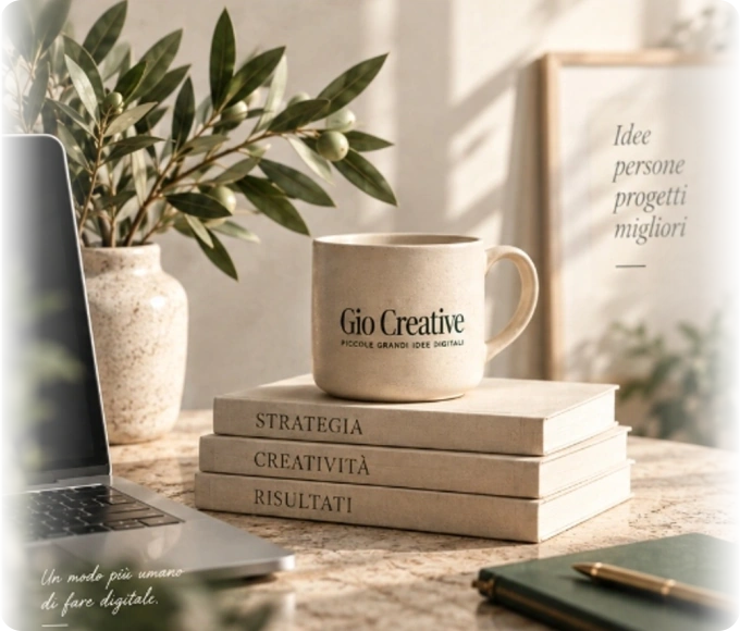 Atelier Gio Creative con tazza in ceramica, libri di strategia, creatività e risultati, e ramo d'olivo