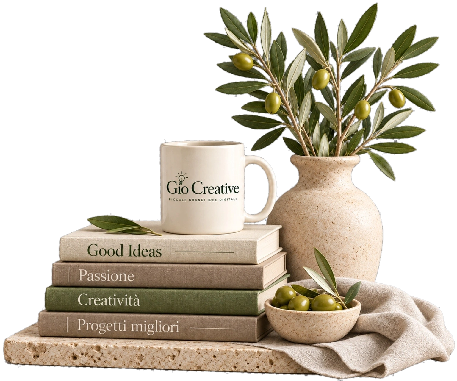 Scena d'atelier Gio Creative con tazza in ceramica, libri di valore e ramo d'olivo