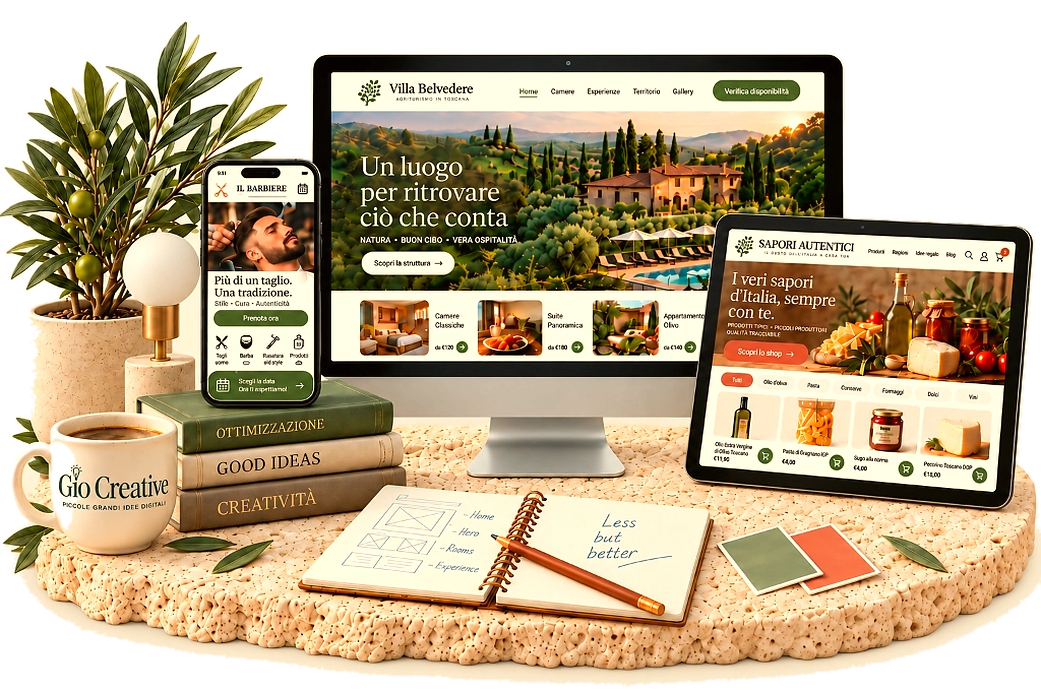 Atelier Gio Creative al tramonto: luce dorata calda, lampada accesa, monitor Villa Belvedere e tablet Sapori Autentici